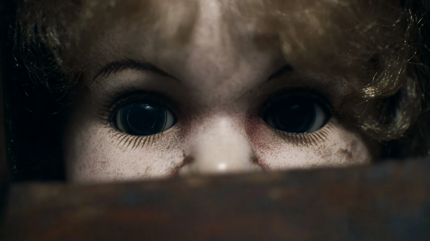 Pale Room — porcelain doll peeking through shadows, AI generated horror