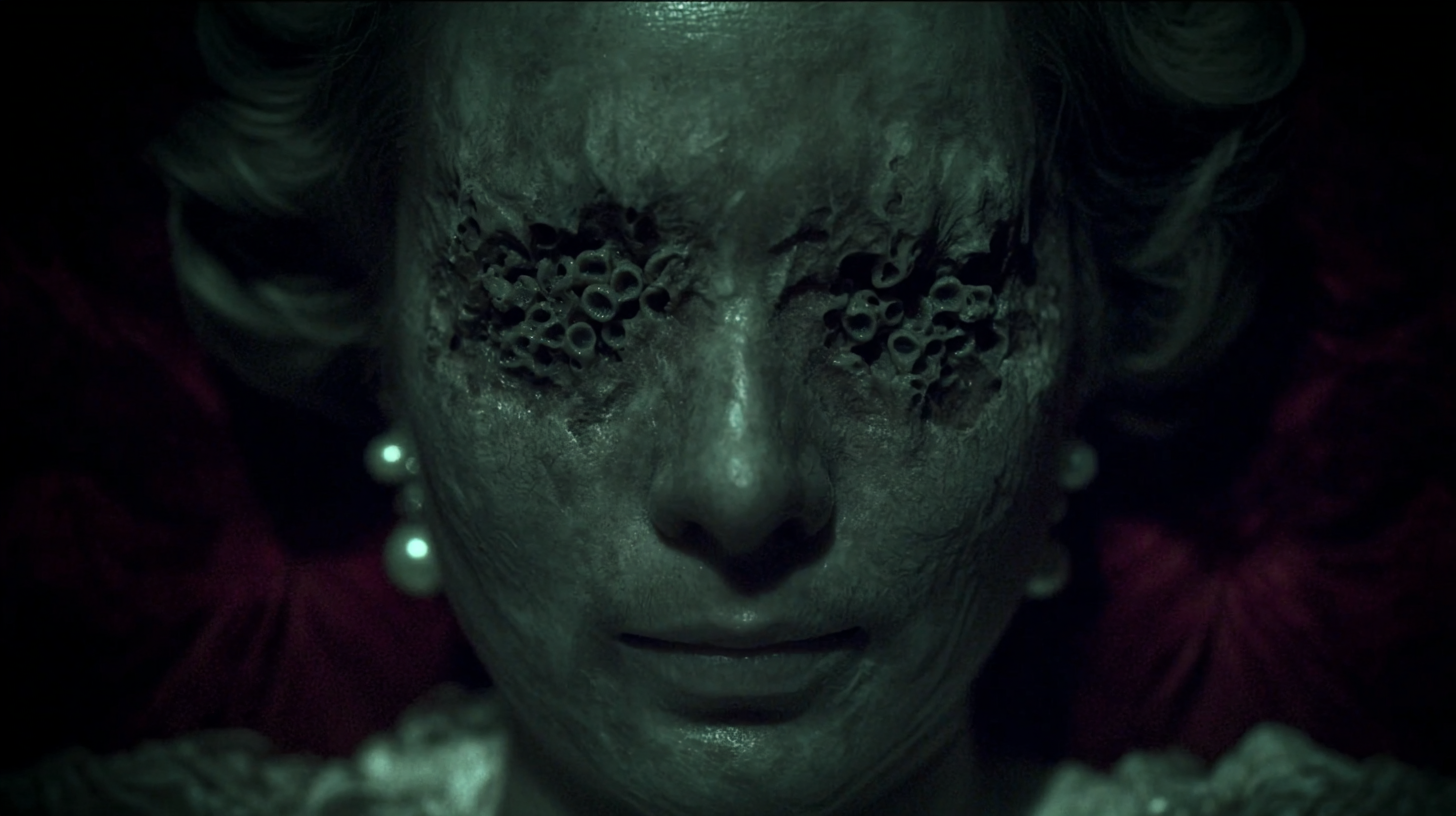 Echoes — extreme close-up of a human eye, AI generated horror portrait